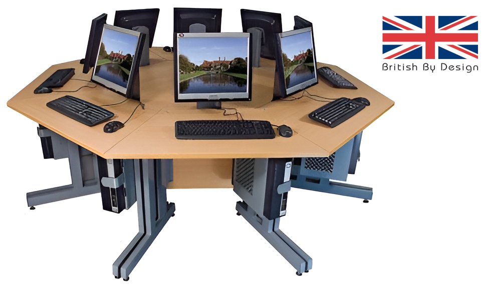 Akhter octagon desk with computers